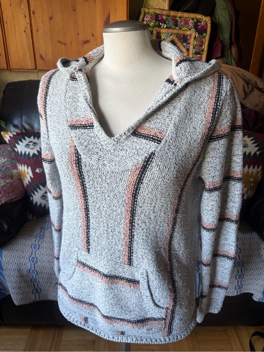 Aritzia TNA Womens Baja Beach Hooded Pullover Cotton Sweater Striped Woven